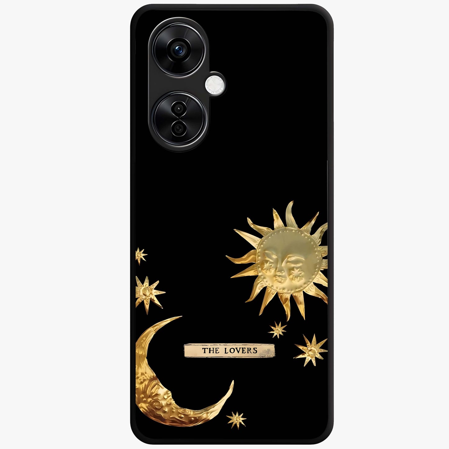 Golden Celestial Charm Glass Case for 1+Nord CE 3 Lite radiant front view featuring celestial artwork with golden accents