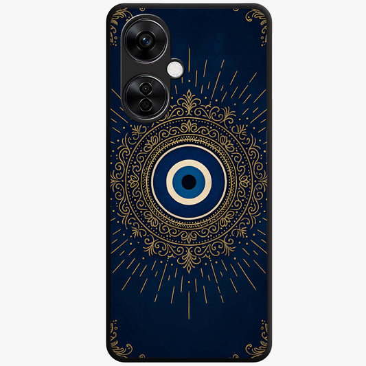 Golden Evil Eye Mandala Glass Case for 1+Nord Ce 3 Lite bold front view featuring intricate mandala artwork with golden evil eye