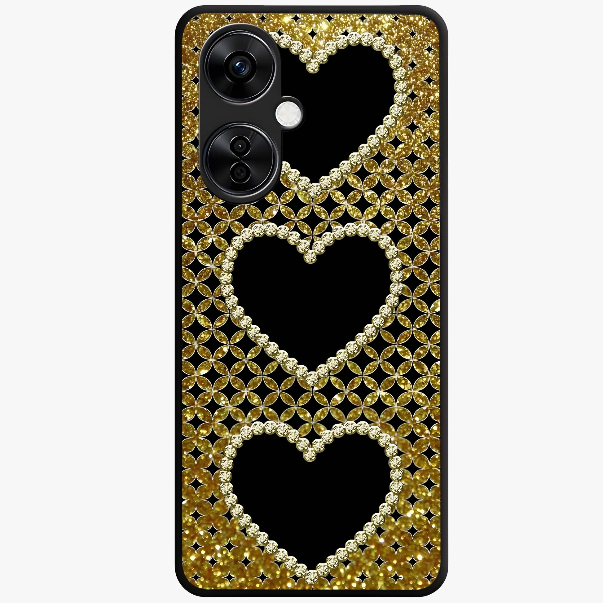Golden Heart Glow Glass Case for 1+Nord CE 3 Lite romantic front view featuring glowing golden heart artwork