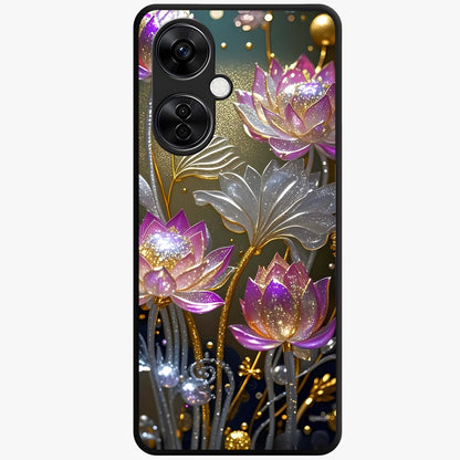 Golden Lotus Glow Glass Case for 1+Nord CE 3 Lite serene front view featuring radiant lotus artwork in golden hues
