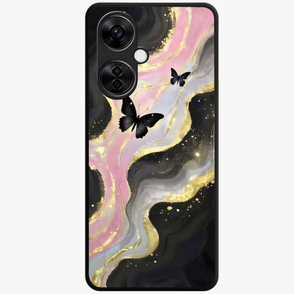 Golden Mist Butterflies Glass Case for 1+Nord CE 3 Lite elegant front view featuring soft golden butterfly artwork with misty tones