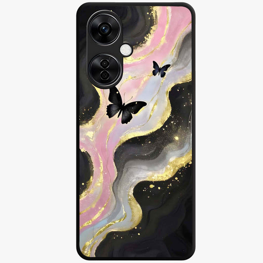Golden Mist Butterflies Glass Case for 1+Nord CE 3 Lite elegant front view featuring soft golden butterfly artwork with misty tones