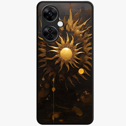 Golden Sun Majesty Glass Case for 1+Nord CE 3 Lite radiant front view featuring majestic sun artwork in golden hues