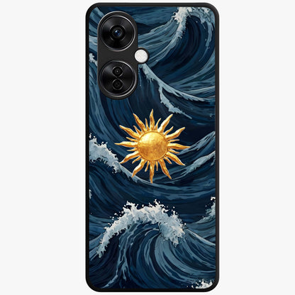 Golden Wave Rise Glass Case for 1+Nord CE 3 Lite dynamic front view featuring flowing wave artwork in golden tones