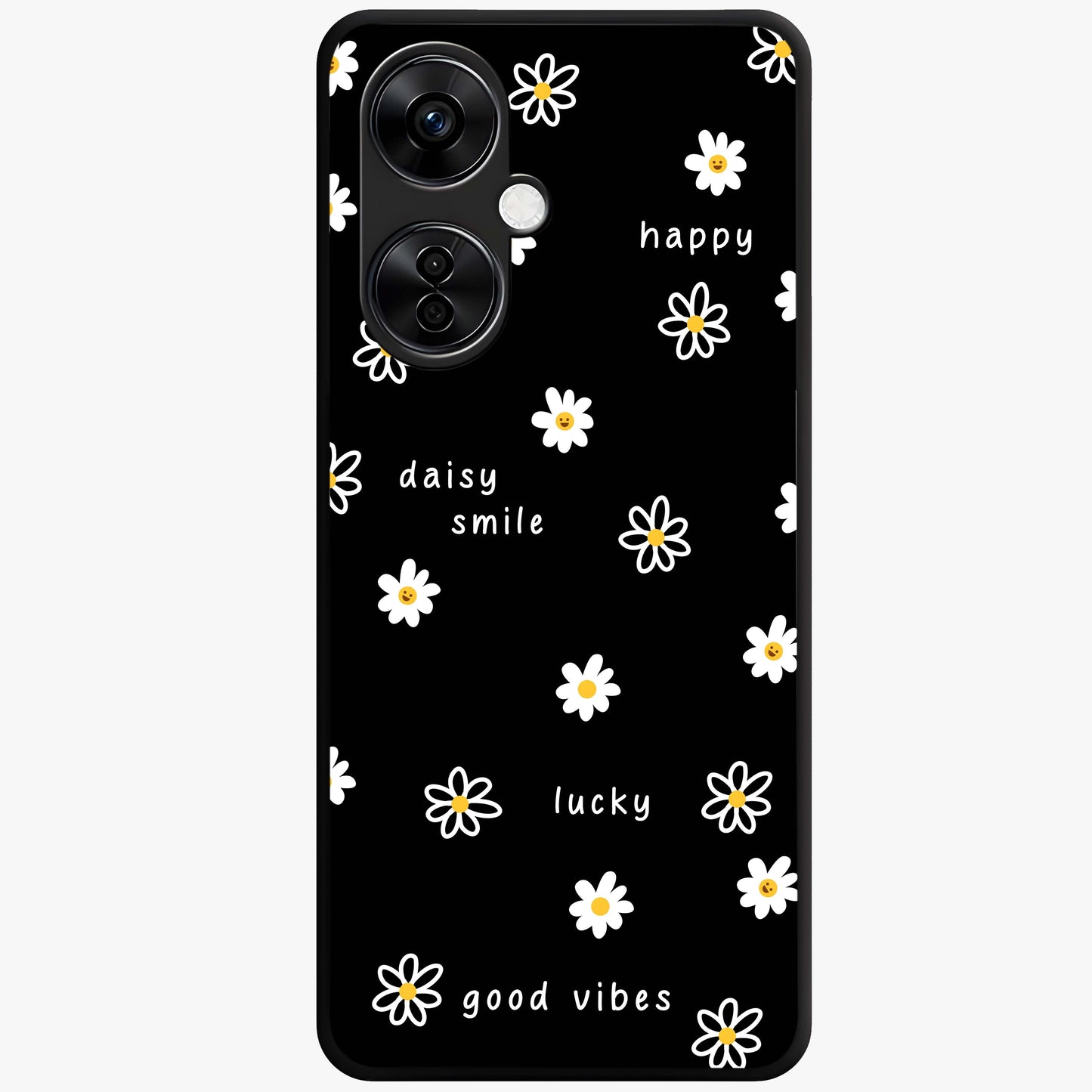 Good Vibes Daisy Black Pattern Glass Case for 1+Nord CE 3 Lite stylish front view featuring white daisy artwork on black background