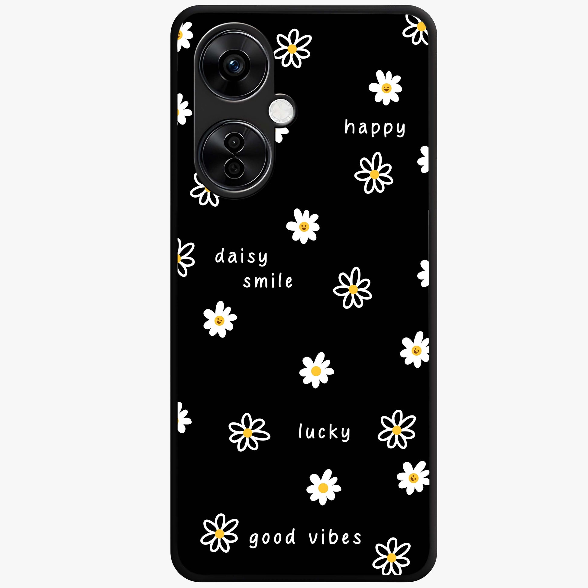 Good Vibes Daisy Black Pattern Glass Case for 1+Nord CE 3 Lite stylish front view featuring white daisy artwork on black background
