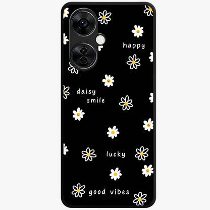 Good Vibes Daisy Black Pattern Glass Case for 1+Nord CE 3 Lite stylish front view featuring white daisy artwork on black background