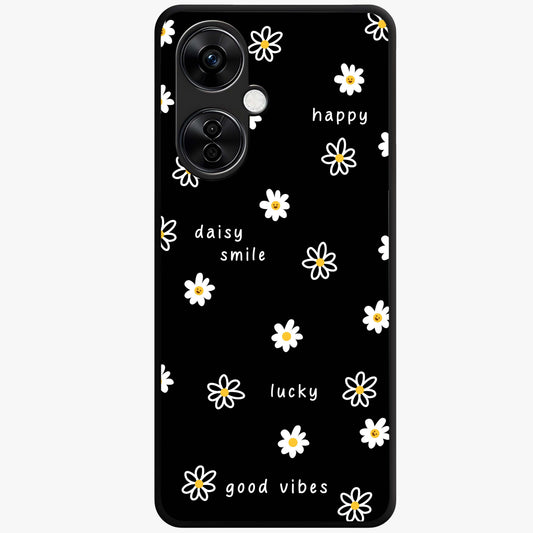 Good Vibes Daisy Black Pattern Glass Case for 1+Nord CE 3 Lite stylish front view featuring white daisy artwork on black background