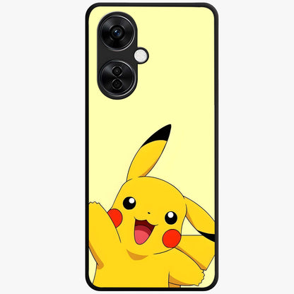 Happy Electric Pikachu Glass Case for 1+Nord CE 3 Lite energetic front view featuring electric themed cartoon artwork