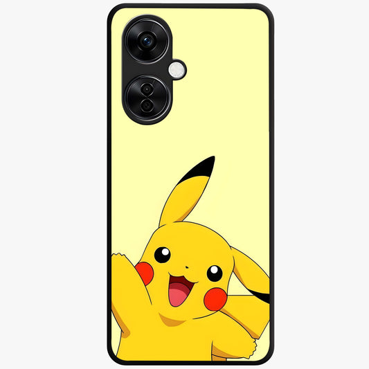 Happy Electric Pikachu Glass Case for 1+Nord CE 3 Lite energetic front view featuring electric themed cartoon artwork