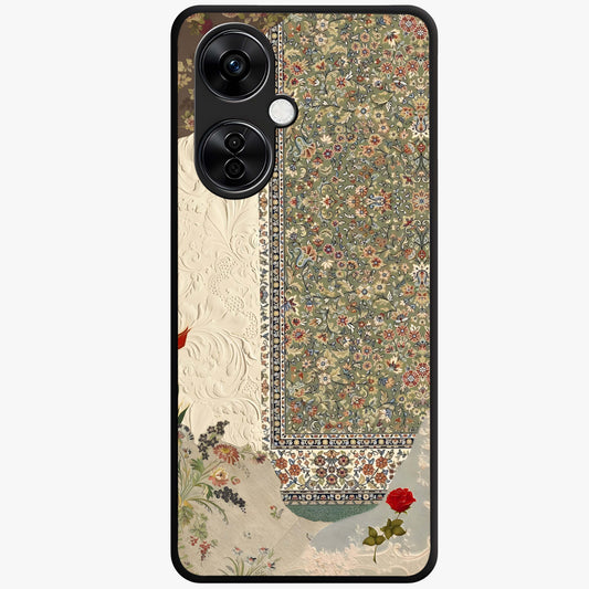 Heritage Textile Layers Glass Case for 1+Nord CE 3 Lite showing full back design in clean flat view with layered textile-inspired artwork and glossy glass finish.