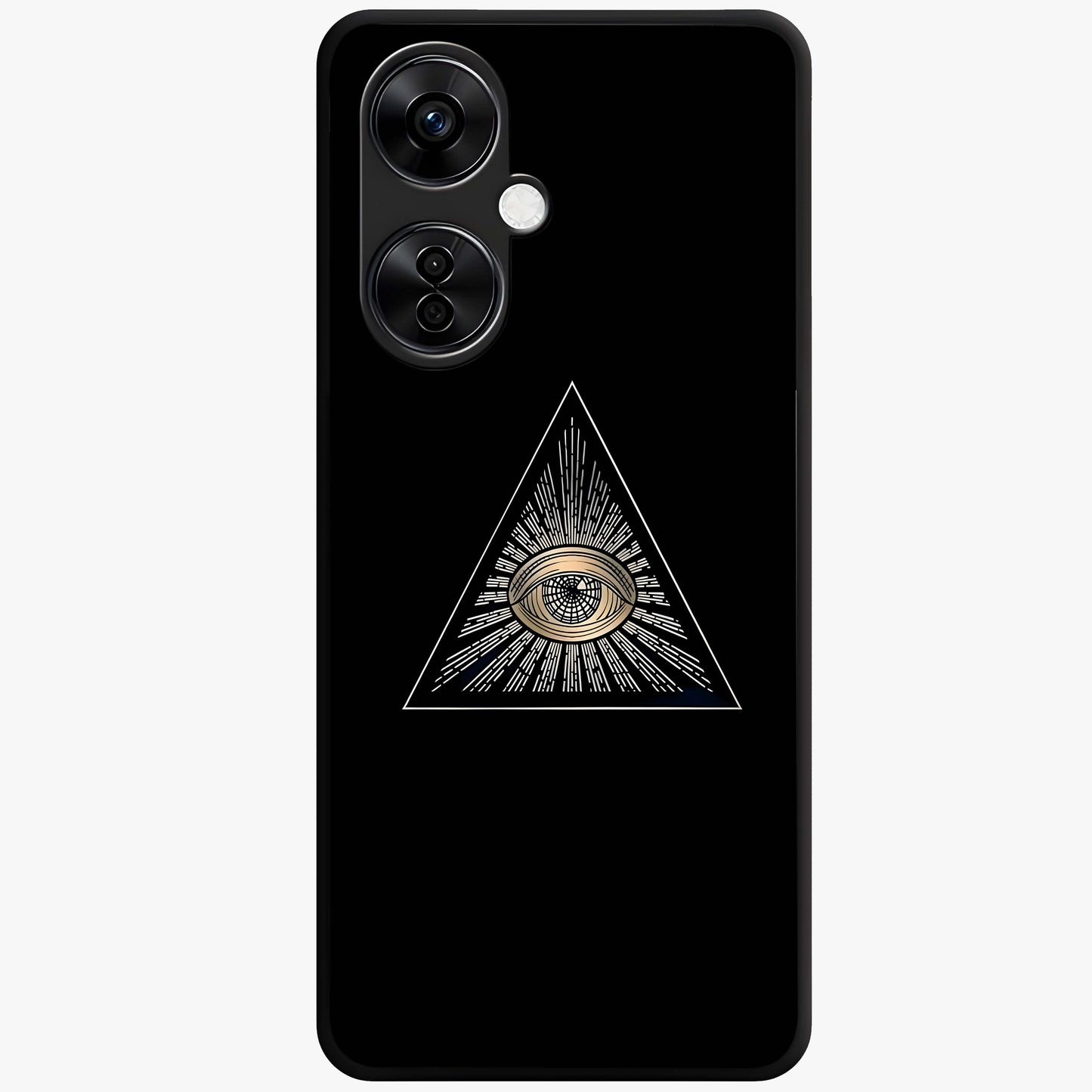 Illuminati Evil Glass Case for 1+Nord CE 3 Lite showing full back design in clean flat view with bold symbolic artwork and glossy glass finish.