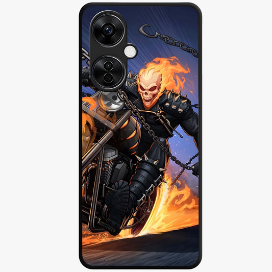Inferno Chain Rider Glass Case for 1+Nord CE 3 Lite showing full back design in clean flat view with fiery chain rider artwork and glossy glass finish.