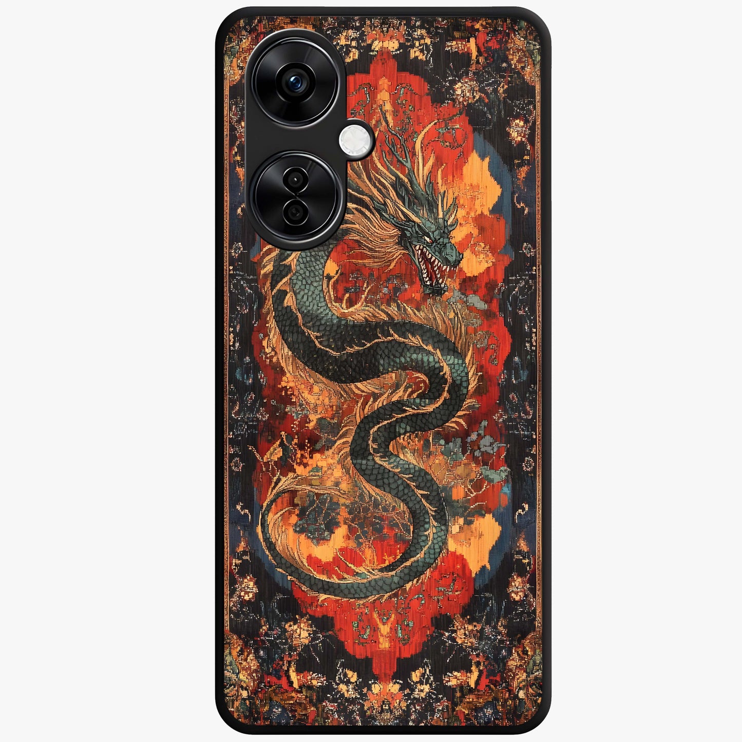 Inferno Dragon Soul Glass Case for 1+Nord CE 3 Lite showing full back design in clean flat view with blazing dragon artwork and glossy glass finish.