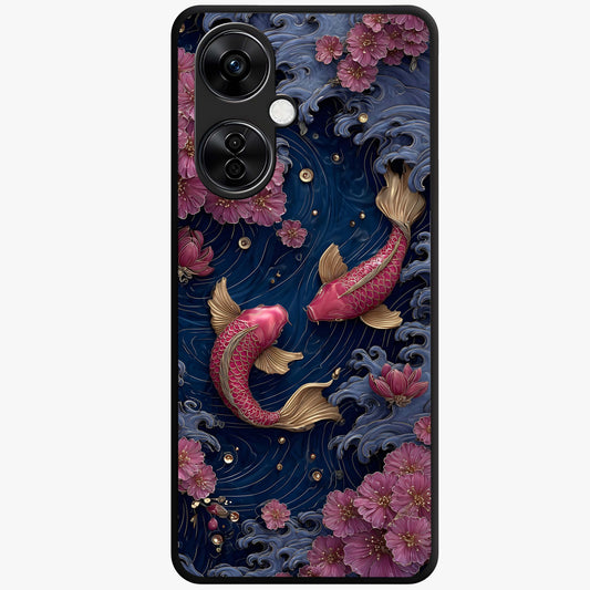 Koi Wave Dance Glass Case for 1+Nord CE 3 Lite artistic front view featuring flowing koi fish artwork with wave patterns