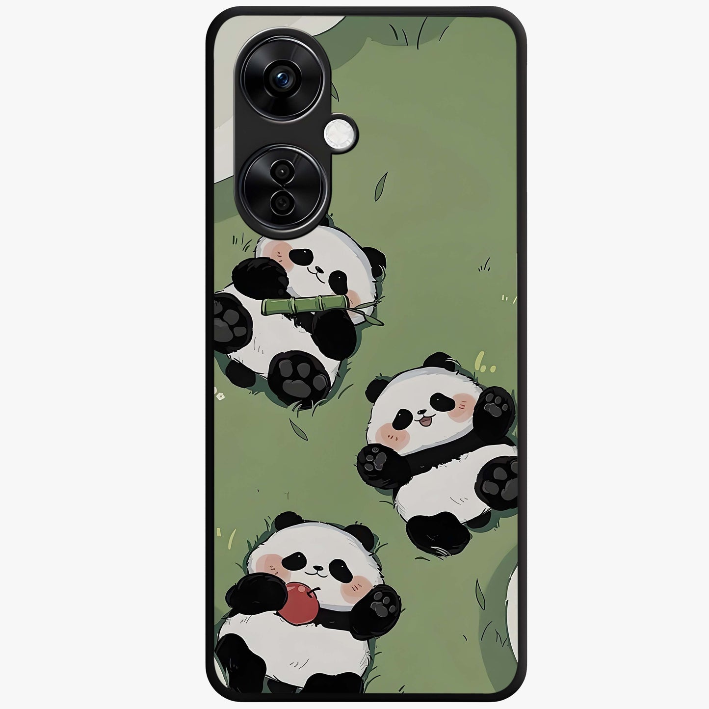 Lazy Panda Picnic Glass Case for 1+Nord CE 3 Lite adorable front view featuring playful panda picnic themed artwork