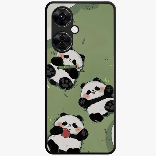 Lazy Panda Picnic Glass Case for 1+Nord CE 3 Lite adorable front view featuring playful panda picnic themed artwork
