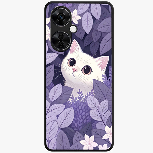 Lilac Hide Peek Cat Glass Case for 1+Nord CE 3 Lite adorable front view featuring playful cat artwork in lilac tones