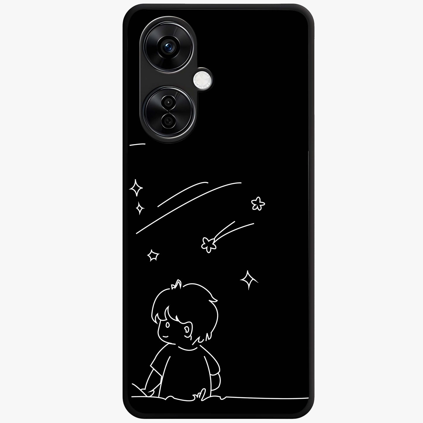 Line Art Boy With Shooting Stars Glass Case for 1+Nord CE 3 Lite artistic front view featuring minimal line art character with star accents