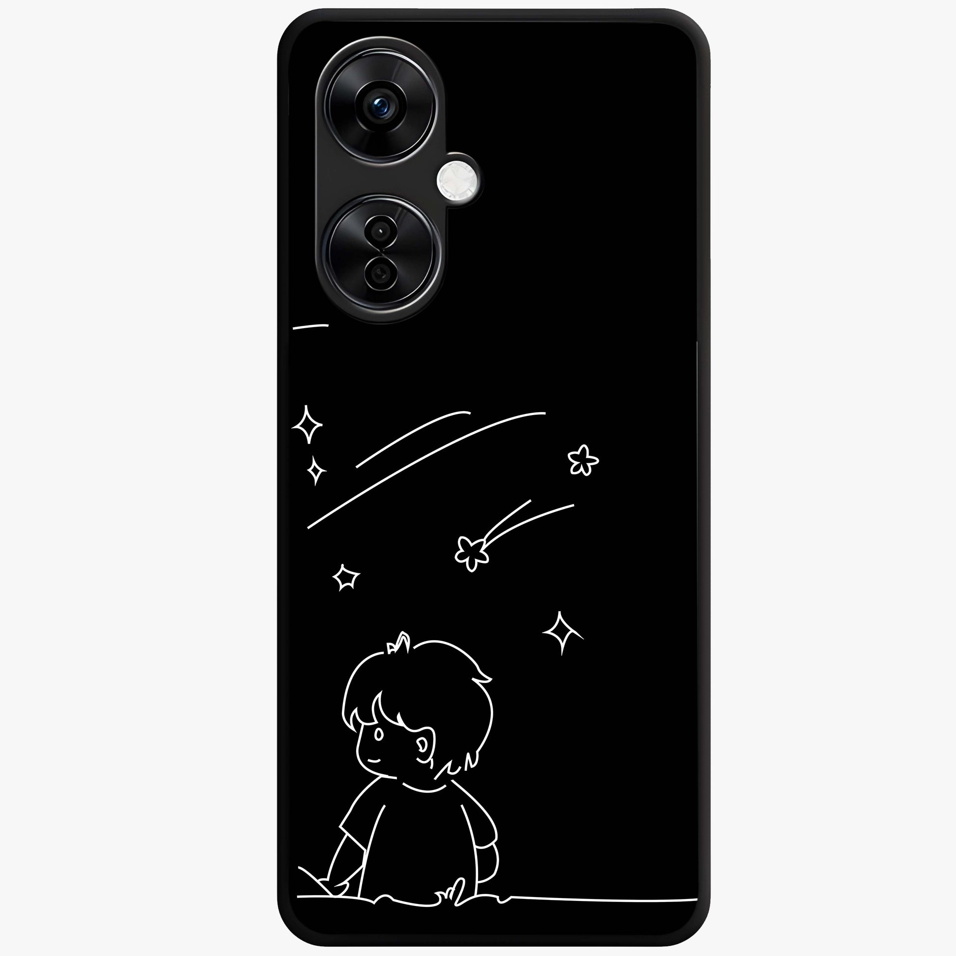Line Art Boy With Shooting Stars Glass Case for 1+Nord CE 3 Lite artistic front view featuring minimal line art character with star accents