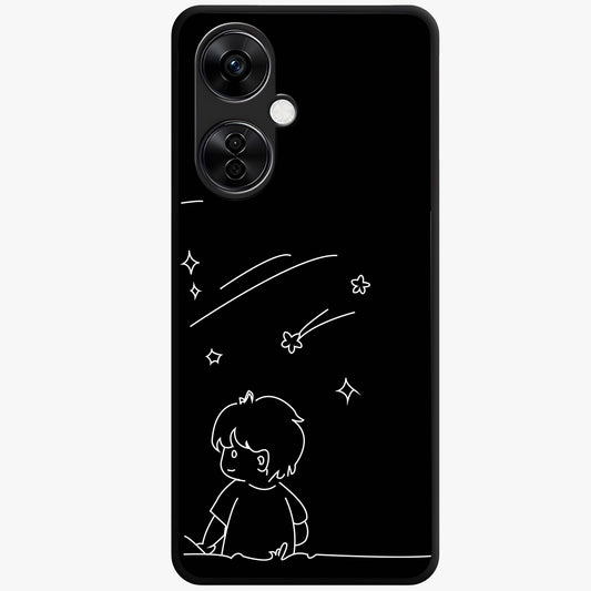 Line Art Boy With Shooting Stars Glass Case for 1+Nord CE 3 Lite artistic front view featuring minimal line art character with star accents