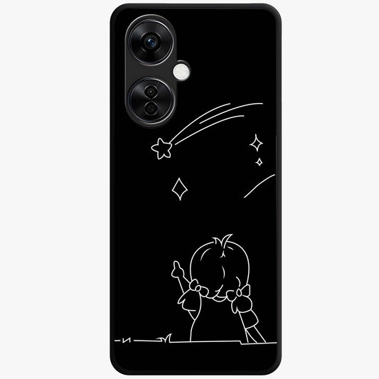 Line Art Girl With Shooting Stars Glass Case for 1+Nord Ce 3 Lite elegant front view featuring minimal line art character with shooting stars