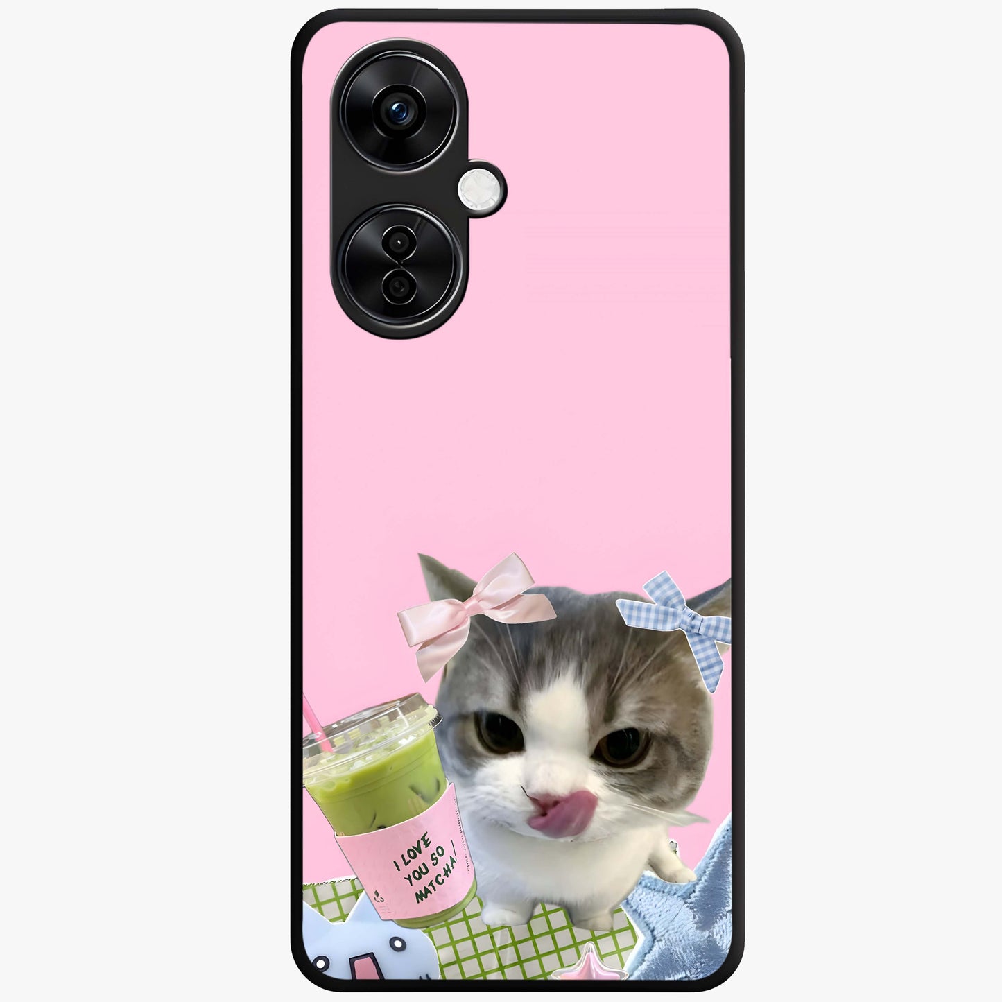Love Matcha Cat Glass Case for 1+Nord CE 3 Lite adorable front view featuring cute cat artwork with matcha theme