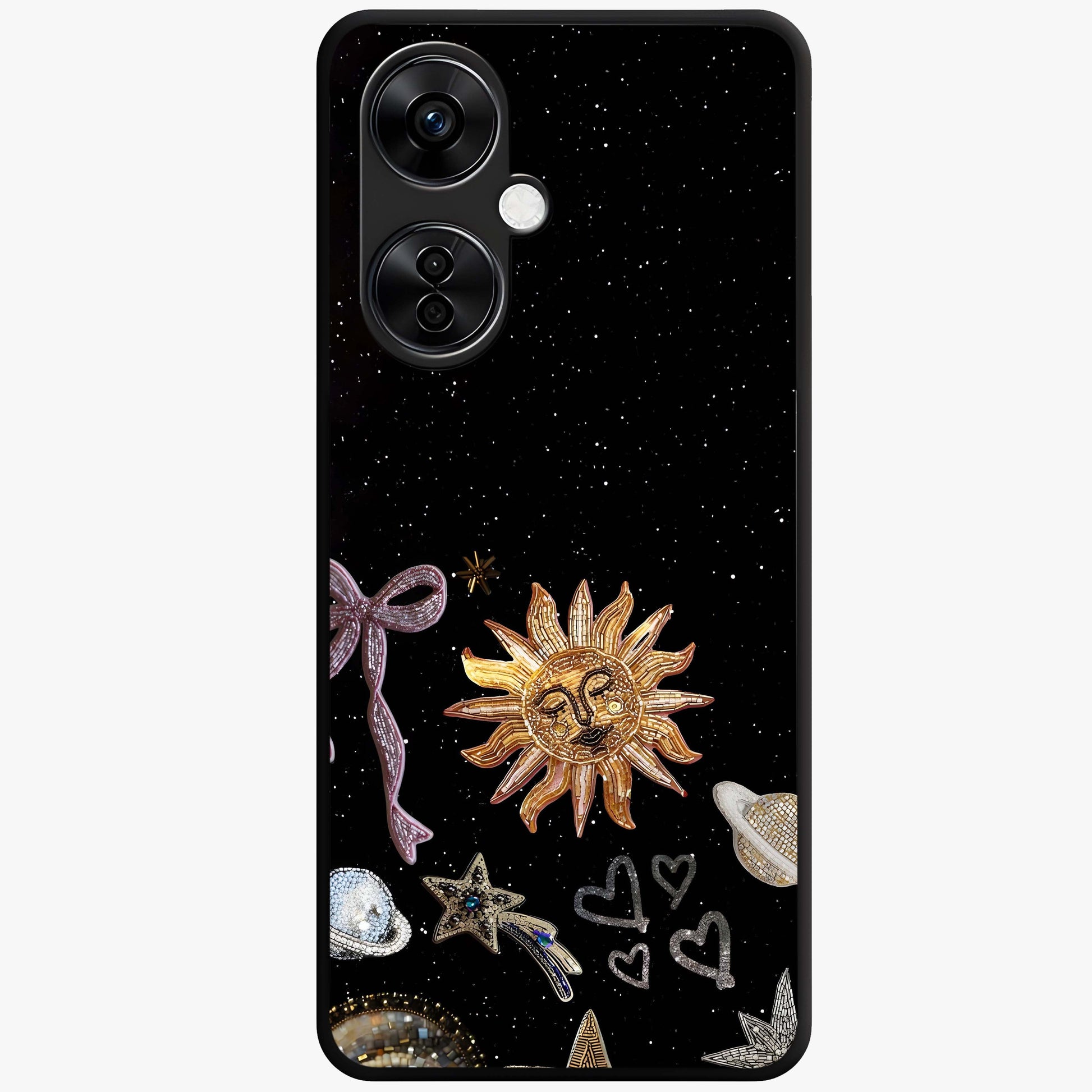 Magical Jewelry Vibe Glass Case for 1+Nord CE 3 Lite glamorous front view featuring jewel inspired artistic artwork