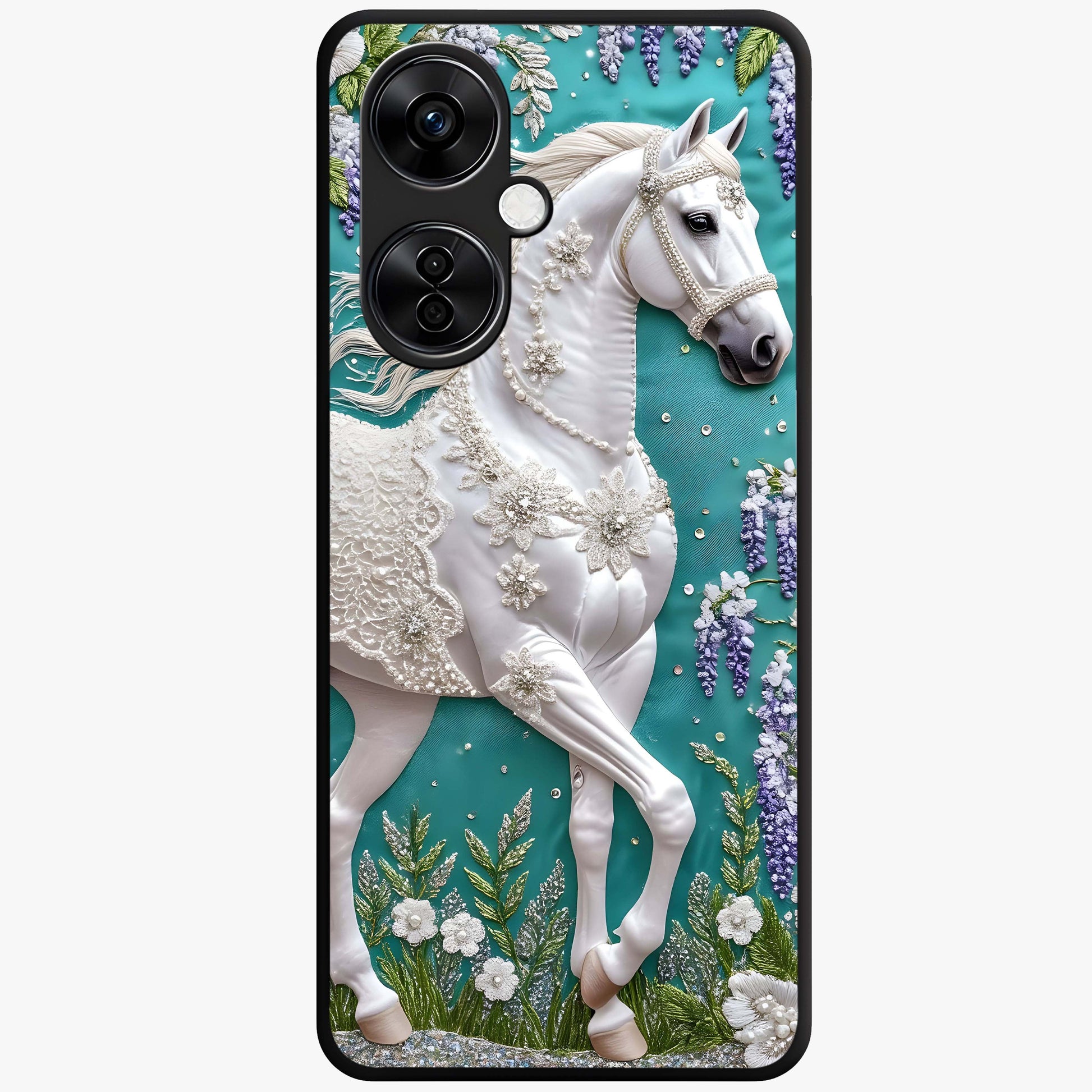 Majestic Floral Stallion Glass Case for 1+Nord CE 3 Lite powerful front view featuring horse artwork blended with floral detailing