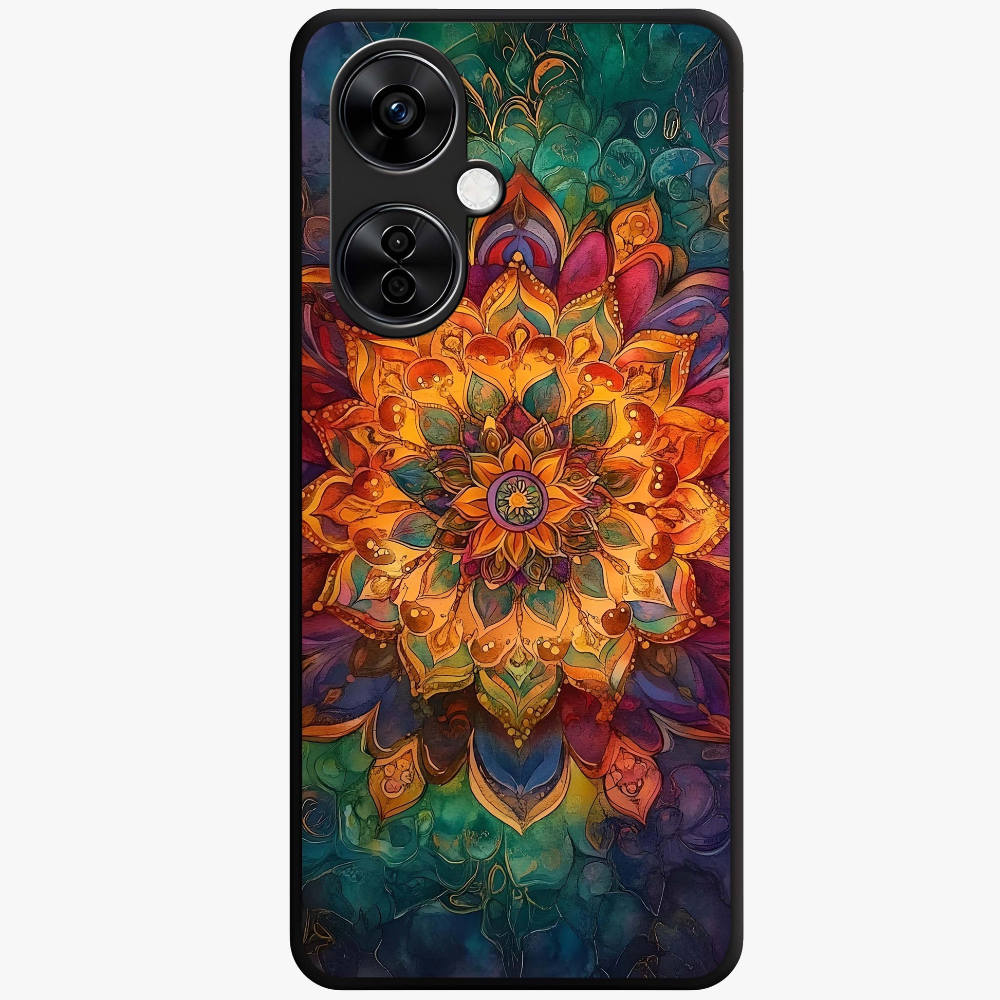 Mandala Vibrants Glass Case for 1+Nord CE 3 Lite artistic front view featuring colorful mandala pattern artwork