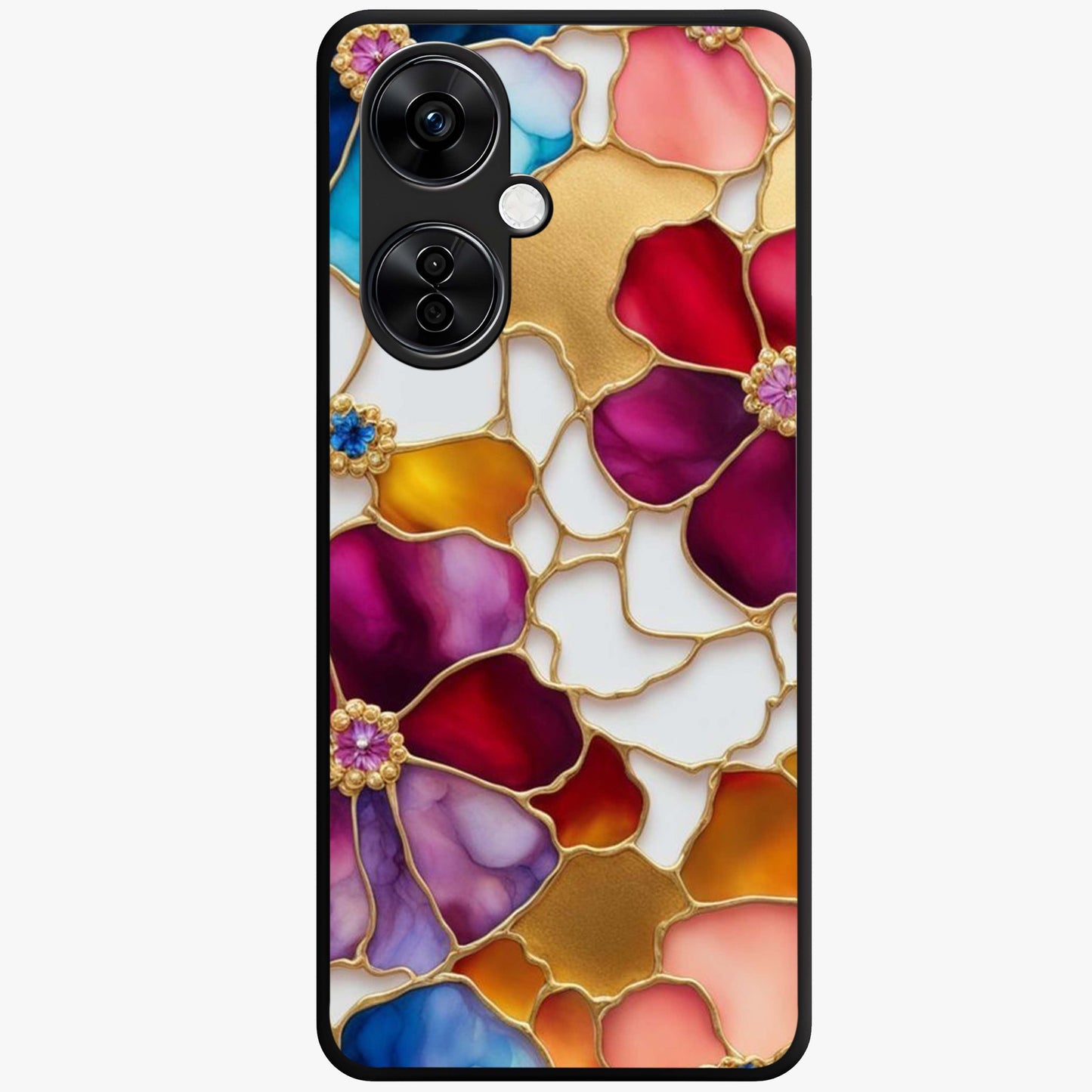 Marble Flower Pattern Glass Case for 1+Nord CE 3 Lite stylish front view featuring floral artwork blended with marble texture