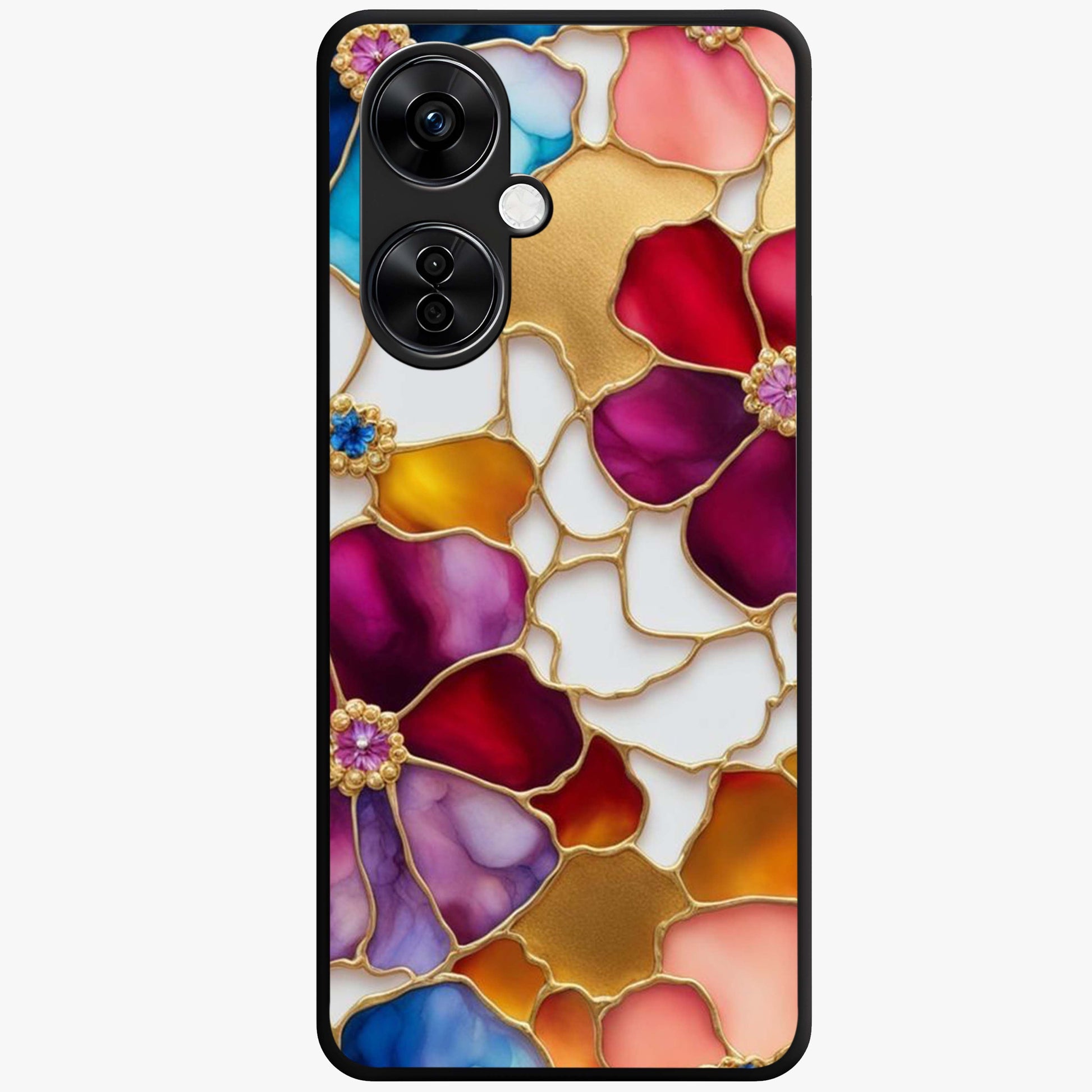 Marble Flower Pattern Glass Case for 1+Nord CE 3 Lite stylish front view featuring floral artwork blended with marble texture
