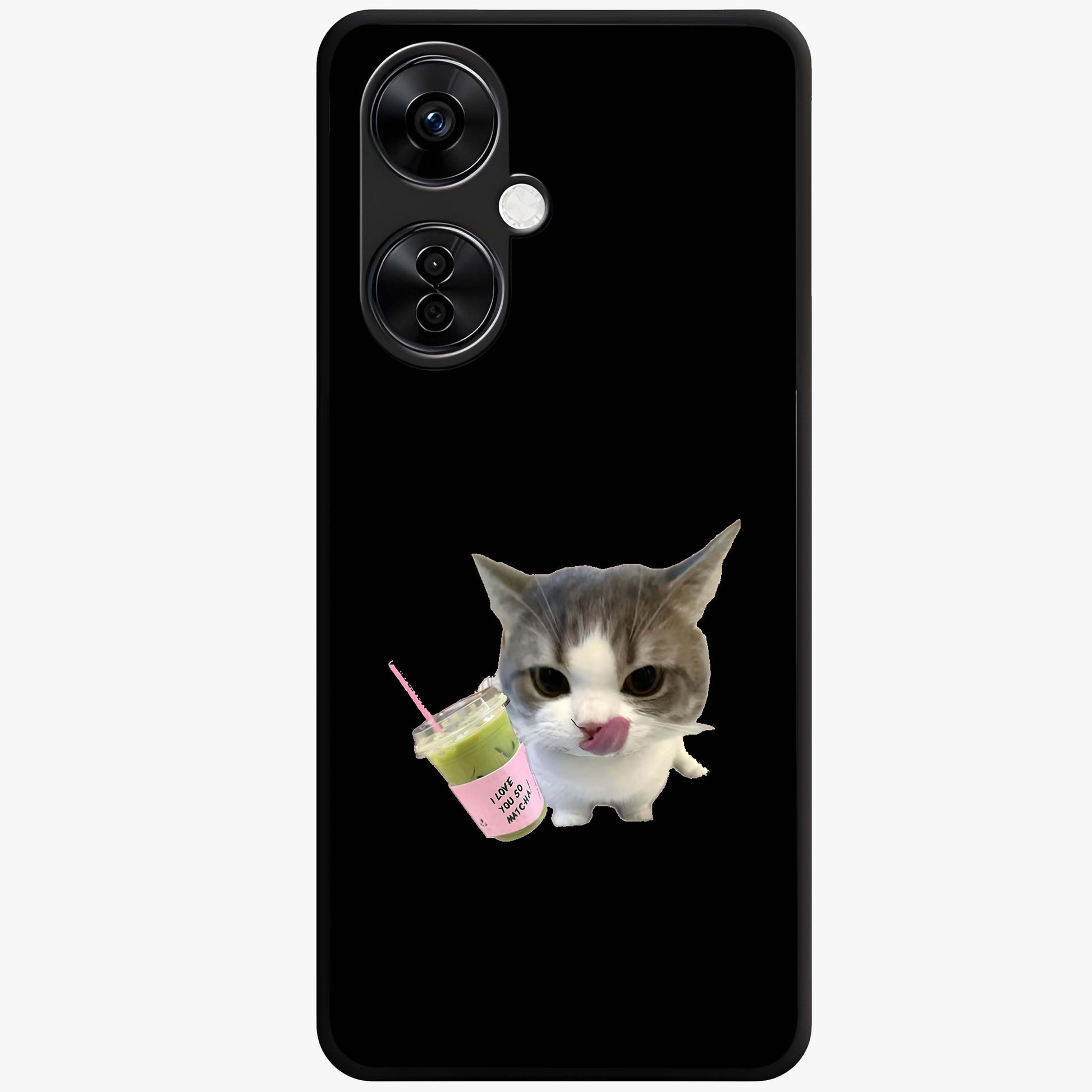 Matcha Cat Style Glass Case for 1+Nord CE 3 Lite adorable front view featuring cute cat artwork in matcha green tones