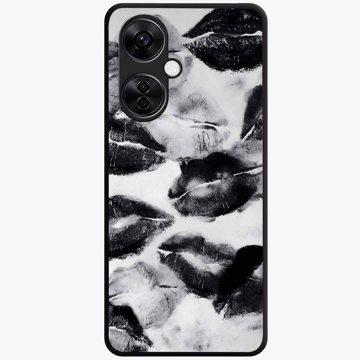 Midnight Kiss Marks Glass Case for 1+Nord CE 3 Lite bold front view featuring romantic kiss mark artwork on dark background