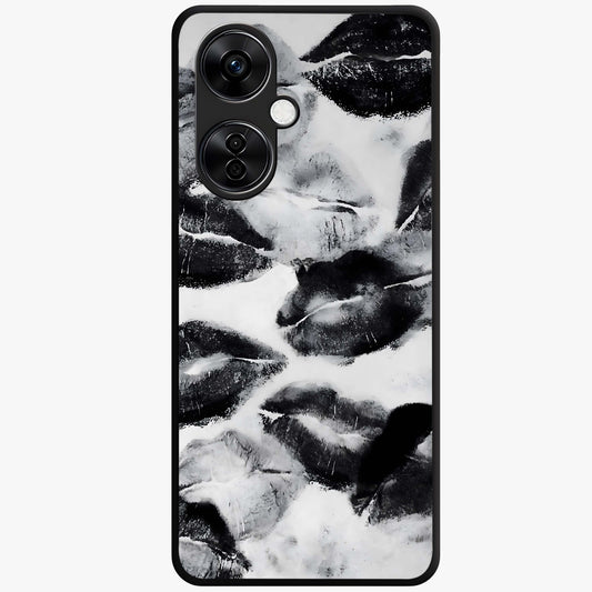 Midnight Kiss Marks Glass Case for 1+Nord CE 3 Lite bold front view featuring romantic kiss mark artwork on dark background