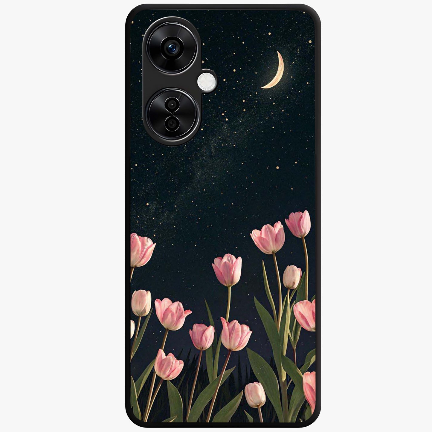 Midnight Tulip Whispers Vibe Glass Case for 1+Nord CE 3 Lite elegant front view featuring tulip floral artwork on dark background