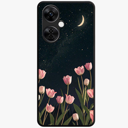 Midnight Tulip Whispers Vibe Glass Case for 1+Nord CE 3 Lite elegant front view featuring tulip floral artwork on dark background