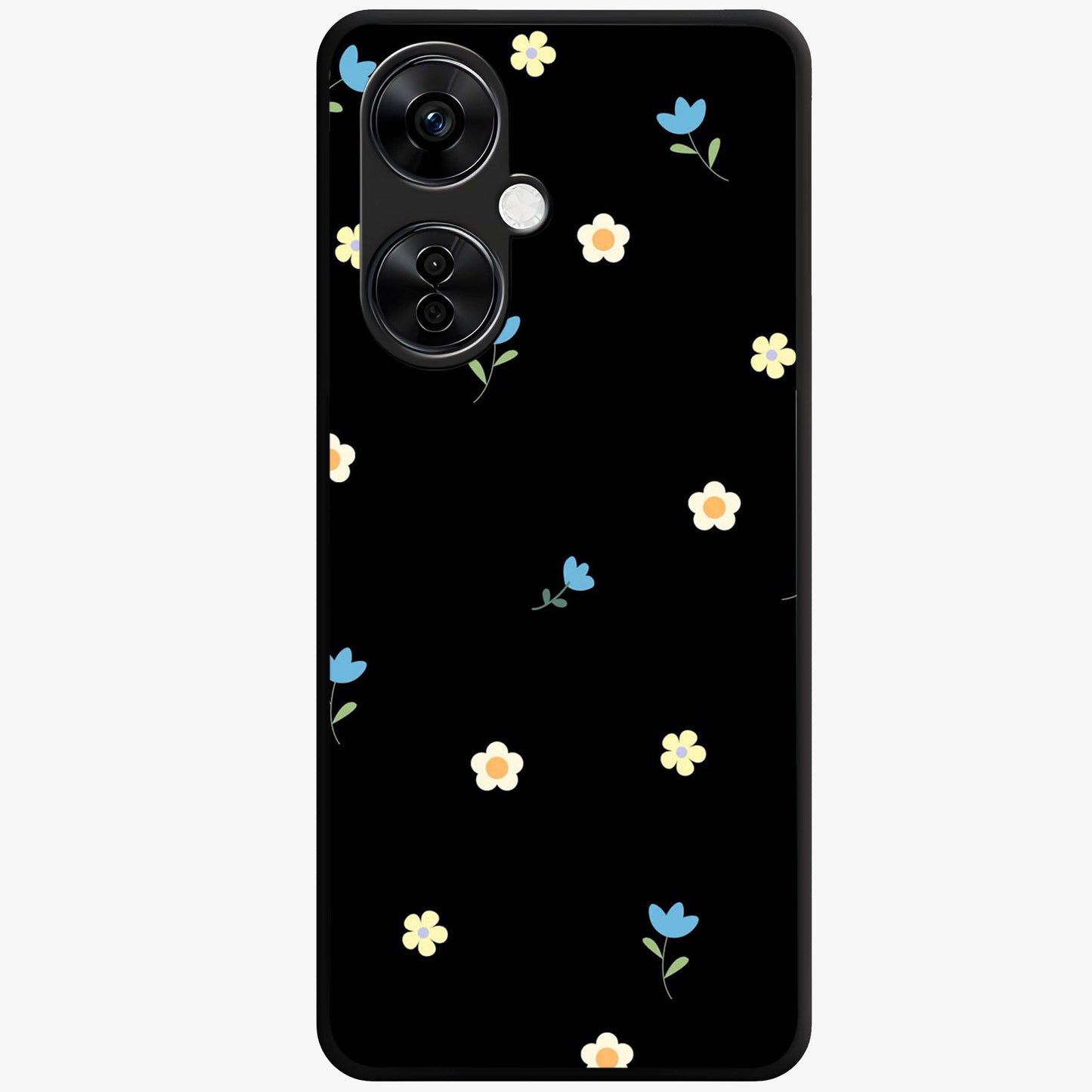 Minimalistic Blue With White Flower Pattern Glass Case for 1+Nord CE 3 Lite fresh front view featuring white floral artwork on blue background