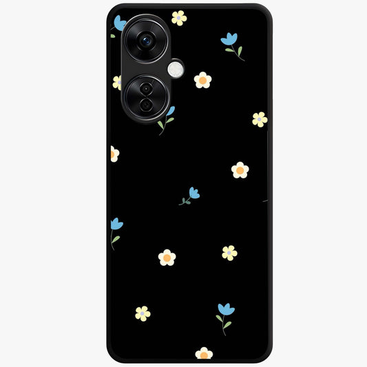 Minimalistic Blue With White Flower Pattern Glass Case for 1+Nord CE 3 Lite fresh front view featuring white floral artwork on blue background
