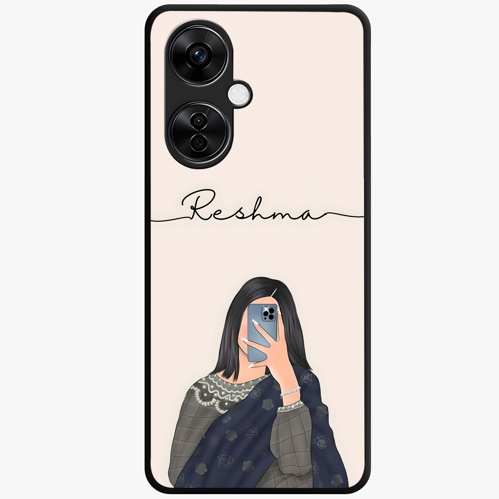 Mirror Mood Muse With Custom Name Glass Case for 1+Nord CE 3 Lite stylish front view featuring aesthetic artwork with personalized name detail
