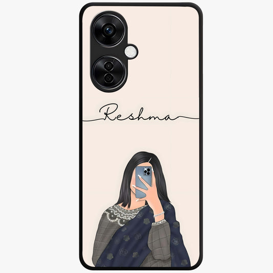Mirror Mood Muse With Custom Name Glass Case for 1+Nord CE 3 Lite stylish front view featuring aesthetic artwork with personalized name detail