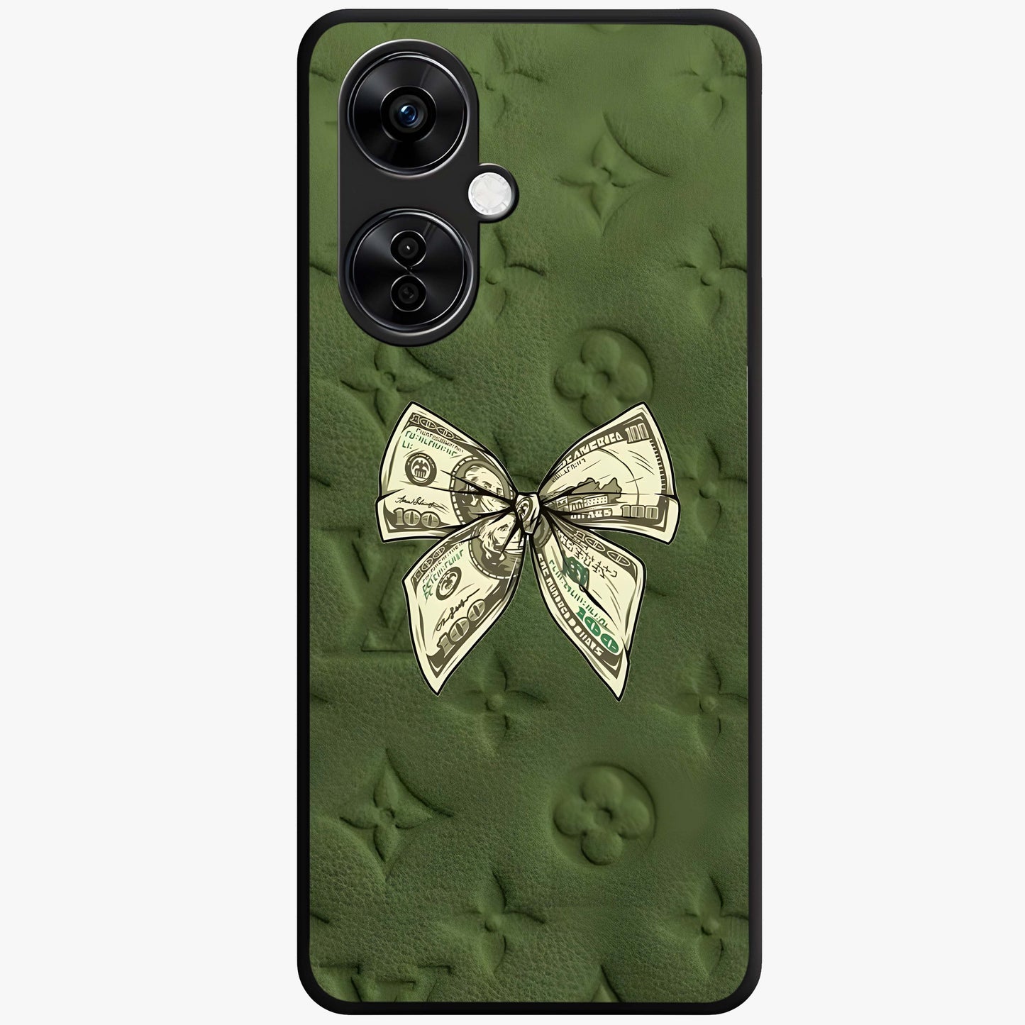 Money Bow Lv Glass Case for 1+Nord CE 3 Lite luxury inspired front view featuring bold fashion themed artwork