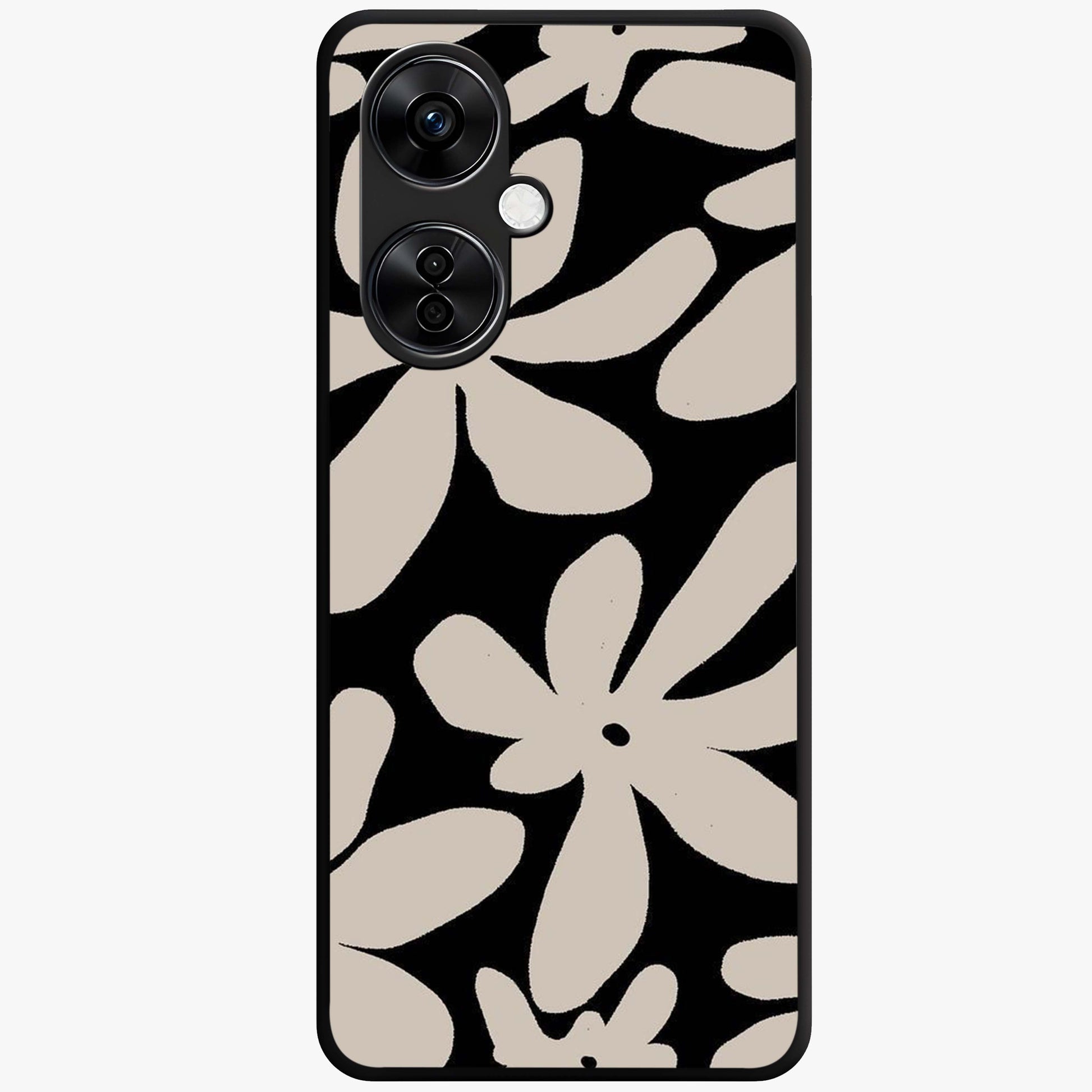 Monochrome Petal Dance Glass Case for 1+Nord CE 3 Lite artistic front view featuring black and white floral artwork