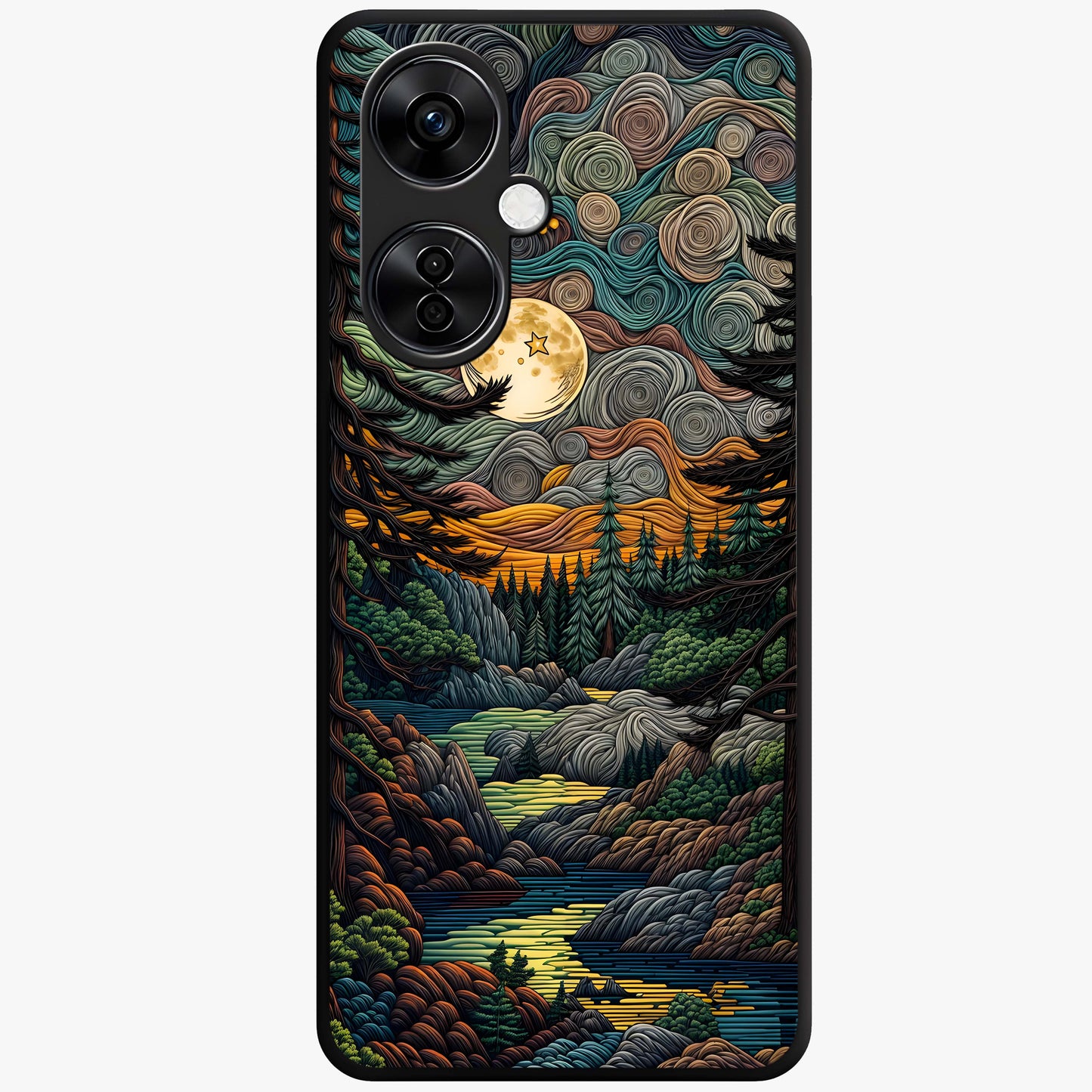 Moonlight Forest Dream Glass Case for 1+Nord CE 3 Lite dreamy front view featuring forest artwork under glowing moonlight