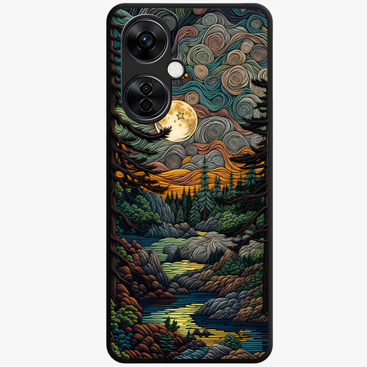 Moonlight Forest Dream Glass Case for 1+Nord CE 3 Lite dreamy front view featuring forest artwork under glowing moonlight