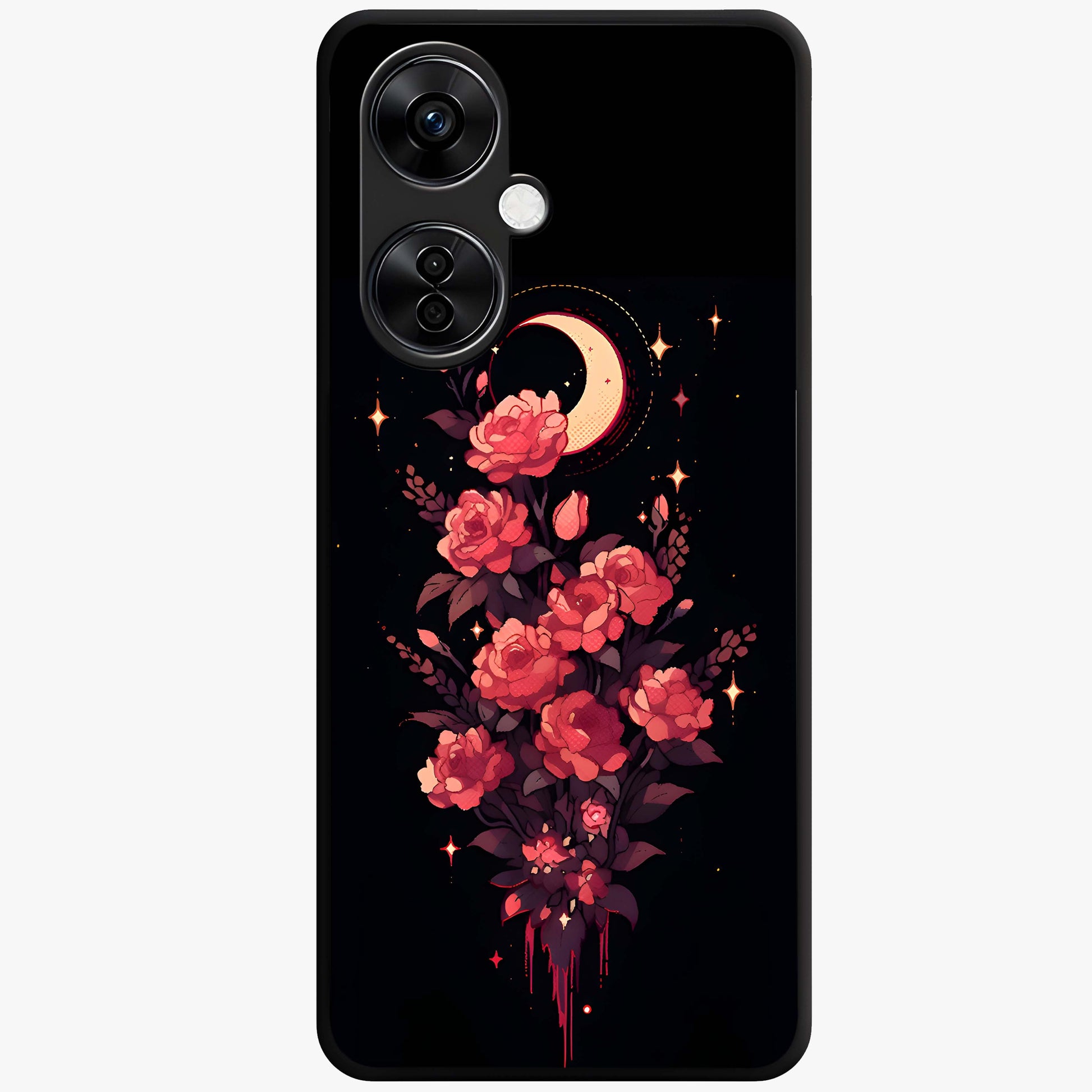 Moonlit Floral Elegance Glass Case for 1+Nord CE 3 Lite graceful front view featuring sophisticated floral artwork on dark backdrop