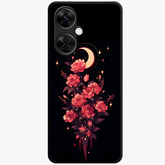 Moonlit Floral Elegance Glass Case for 1+Nord CE 3 Lite graceful front view featuring sophisticated floral artwork on dark backdrop