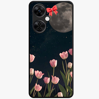 Moonlit Night Tulip Glass Case for 1+Nord CE 3 Lite serene front view featuring tulip floral artwork in midnight tones