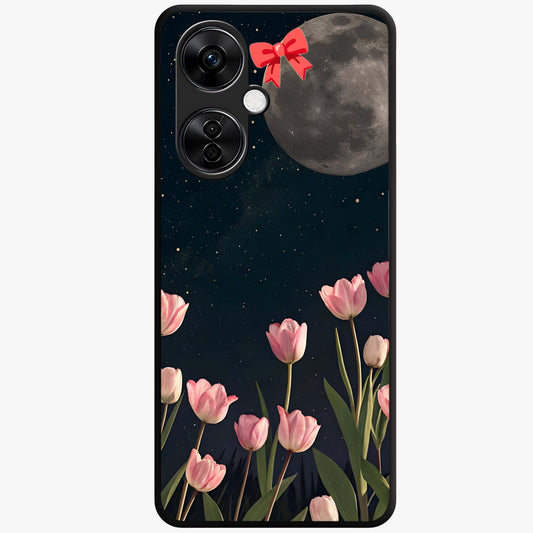 Moonlit Night Tulip Glass Case for 1+Nord CE 3 Lite serene front view featuring tulip floral artwork in midnight tones