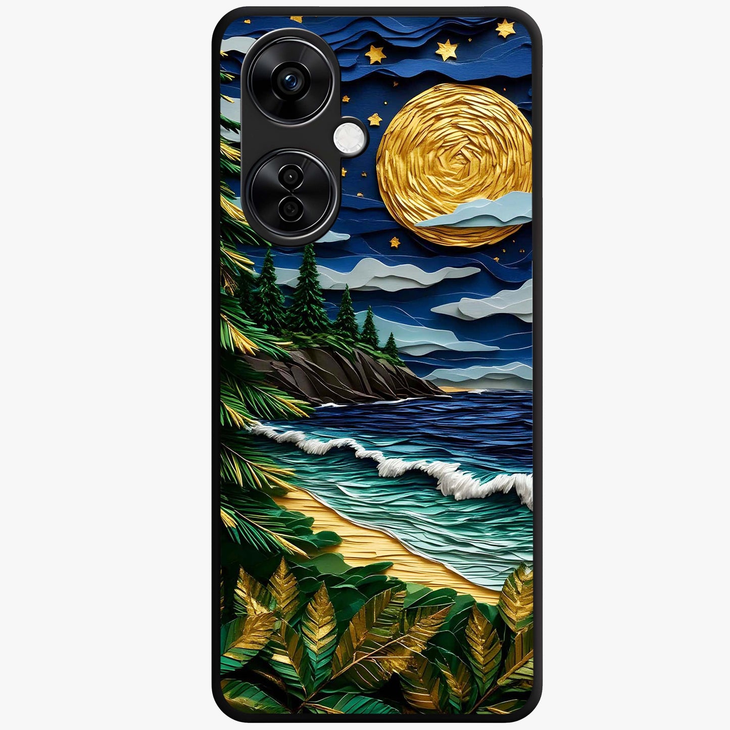 Moonlit Ocean Pines Glass Case for 1+Nord CE 3 Lite scenic front view featuring pine trees by ocean under moonlit sky